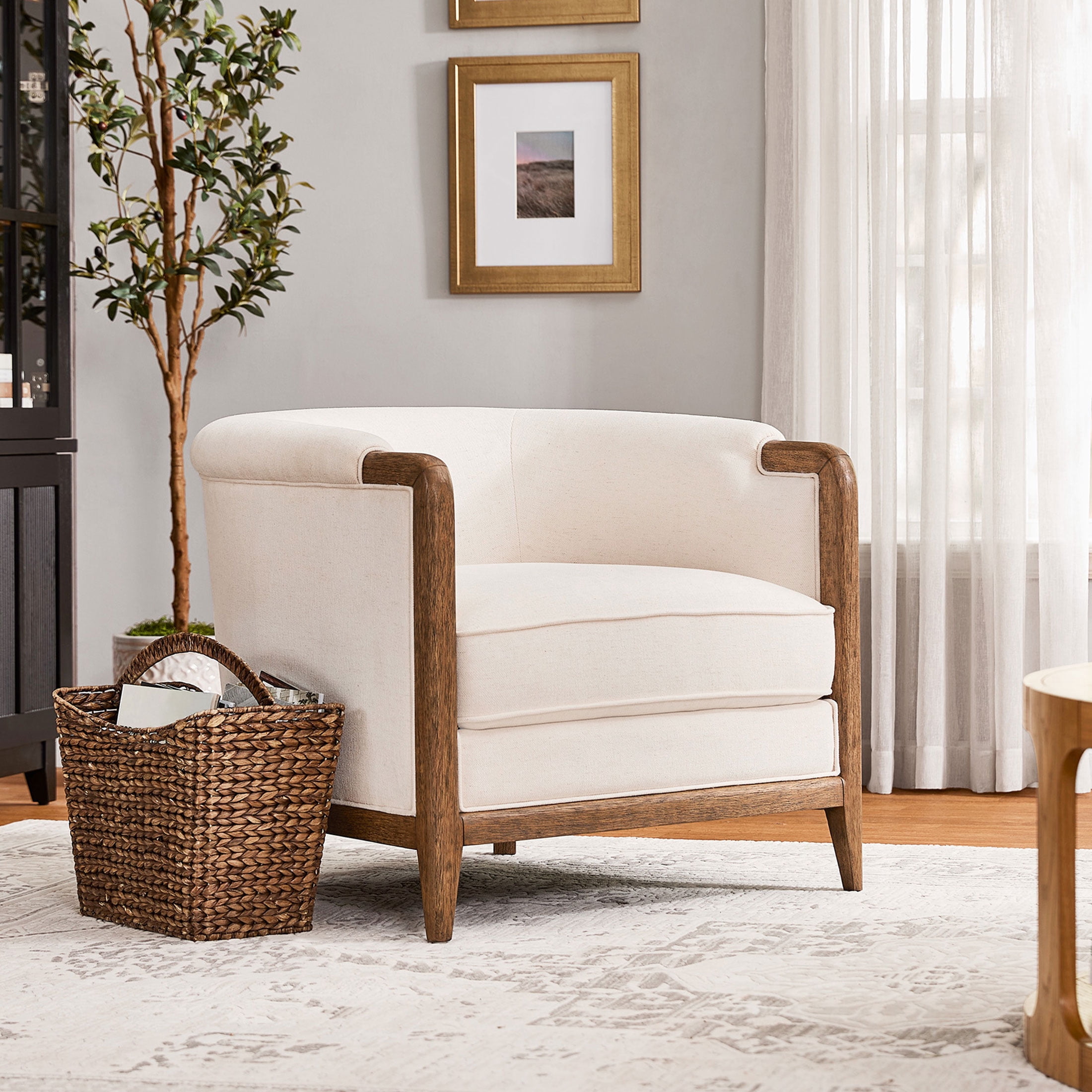 My Texas House Campbell Wood Accent Chair, Cream Fabric