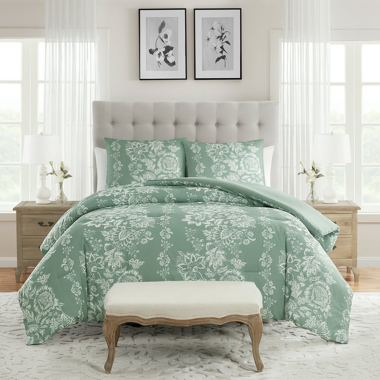My Texas House Caroline 3-Piece Green Floral Slub Comforter Set, Full/Queen