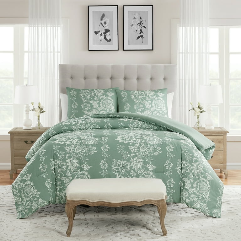 My Texas House Caroline 3-Piece Green Floral Slub Comforter Set, Full/Queen