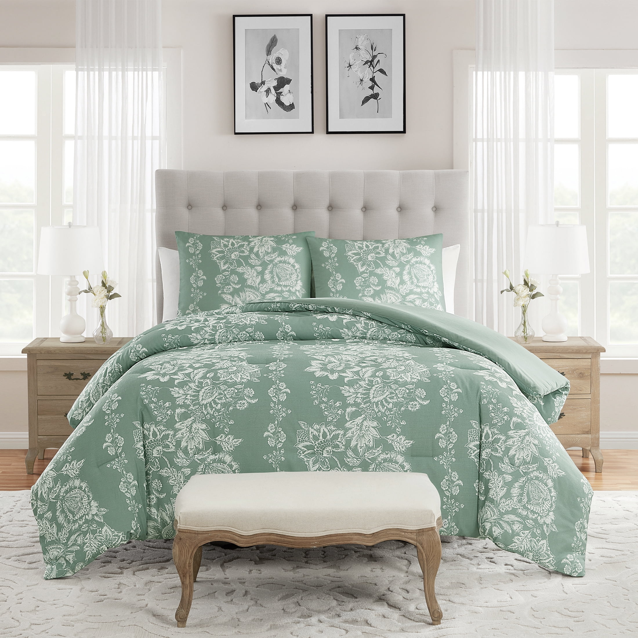 My Texas House Caroline 3-Piece Green Floral Slub Comforter Set, King