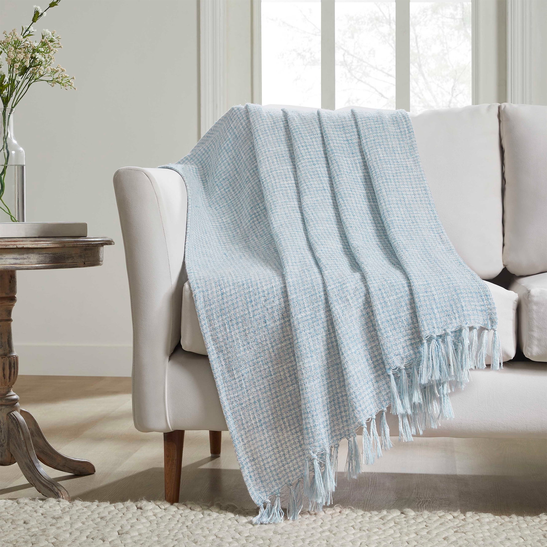 My Texas House Casey Blue Marled Tassel Cotton Polyester Throw, 50" x 70"