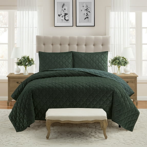 My Texas House Charlotte Adult 3-Piece Trellis Velvet Quilt Set, Full/Queen, Kombu Green