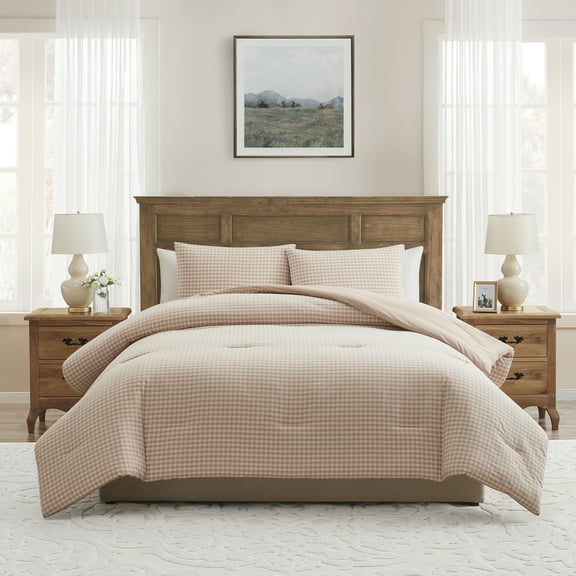 My Texas House Collins 3-Piece Taupe Gingham Cotton Comforter Set, Full/Queen