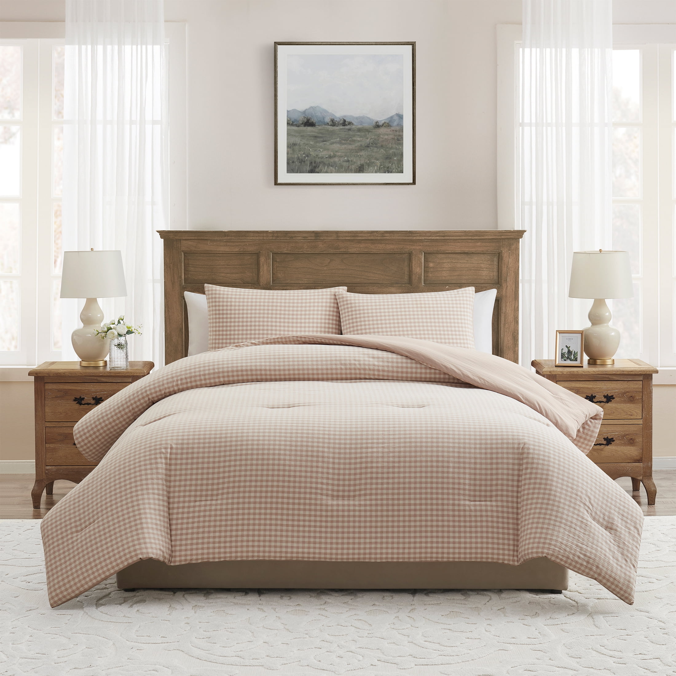 My Texas House Collins 3-Piece Taupe Gingham Cotton Comforter Set, King
