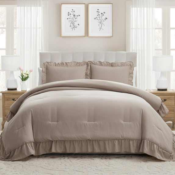 My Texas House Delphine 3-Piece Taupe Ruffle Comforter Set, Full/Queen