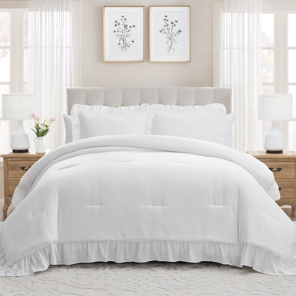 My Texas House Delphine Full/Queen Comforter Set, All-Season, 3-Piece, Bright White Ruffle