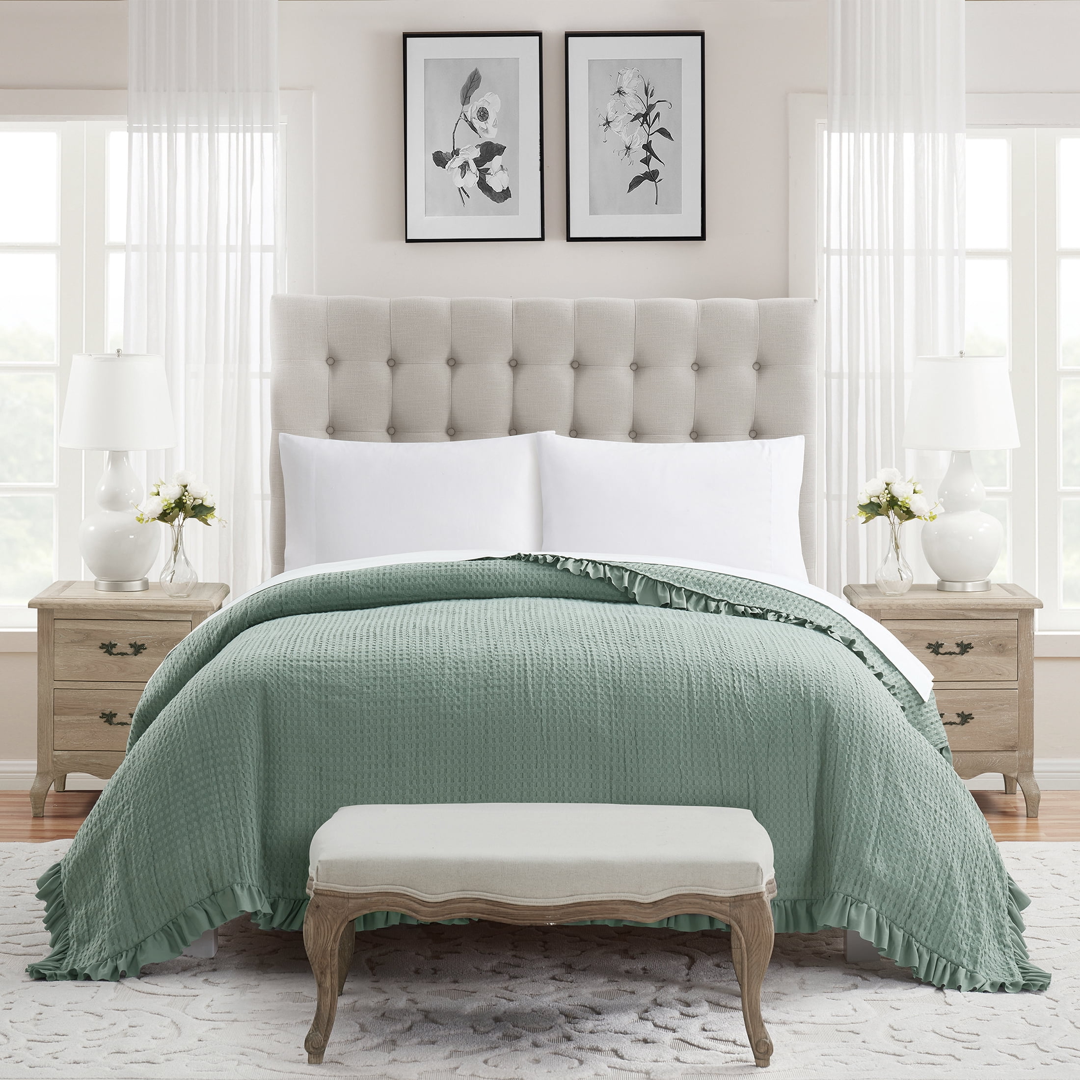 My Texas House Ella Green Waffle Woven Microfiber Bed Blanket, King