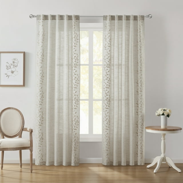 My Texas House Embroidered Floral Rod Pocket Back Tab Curtain Panel Pair, 38" x 108"