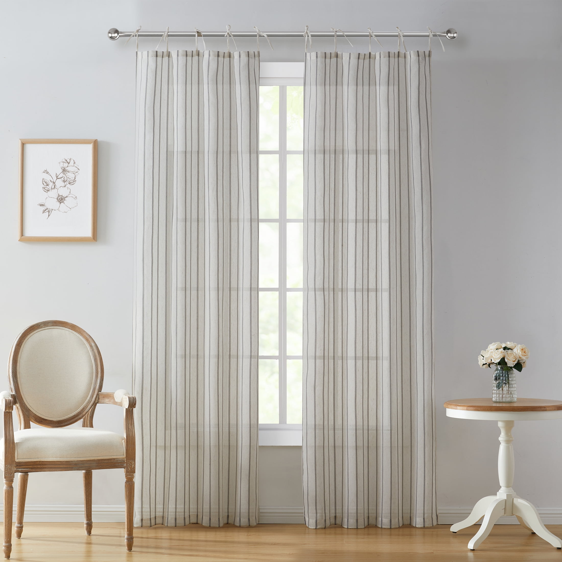 My Texas House Emerson Linen Stripe Light Filtering Tie Top Curtain Panel Pair, Grey, 76" x 95"