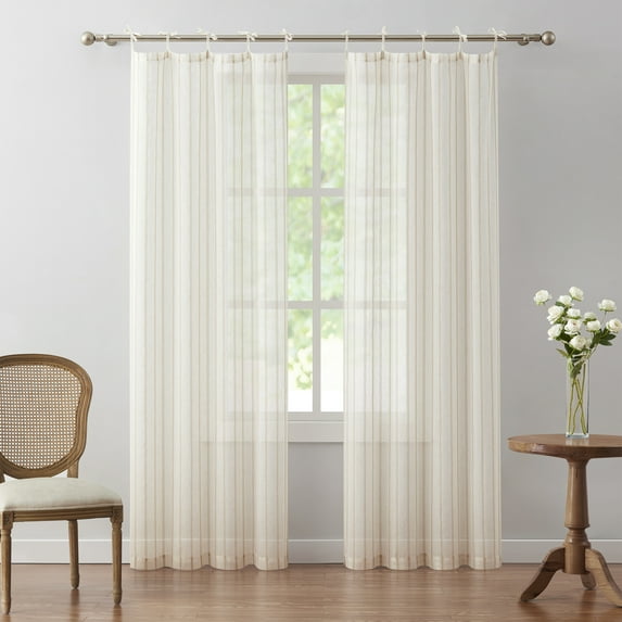 My Texas House Emerson Linen Stripe Light Filtering Tie Top Curtain Panel Pair, Taupe, 76" x 95"