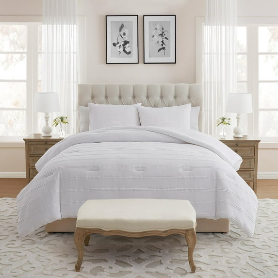 My Texas House Evelyn 3-Piece Bright White Seersucker Comforter Set, Full/Queen