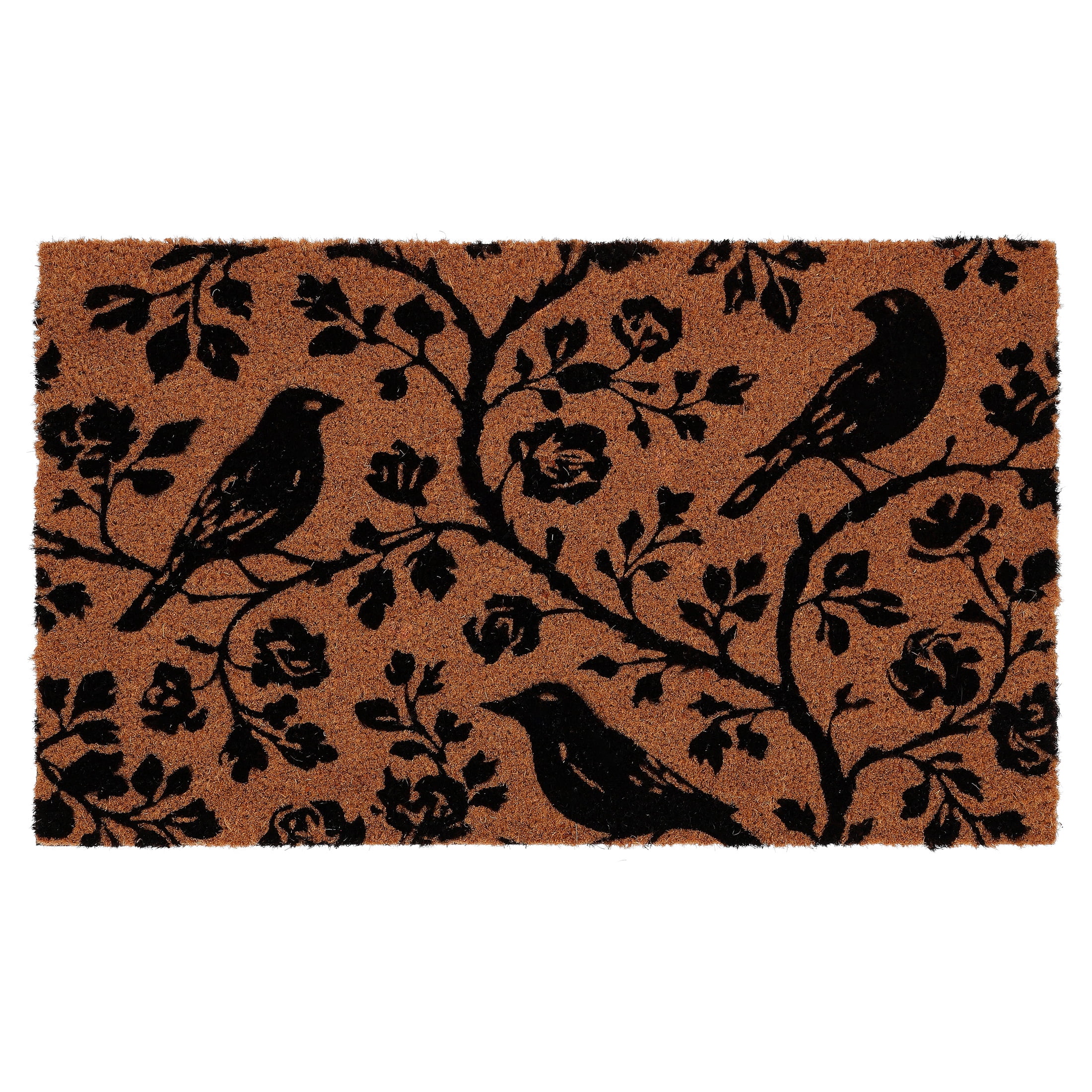 My Texas House Halloween Natural and Black Floral Bird Outdoor Coir Doormat, 18" x 30"
