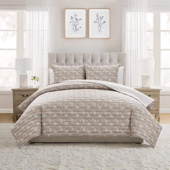 My Texas House Floral Pick Stitch 3-Piece Taupe Adult Quilt Set, Full/Queen