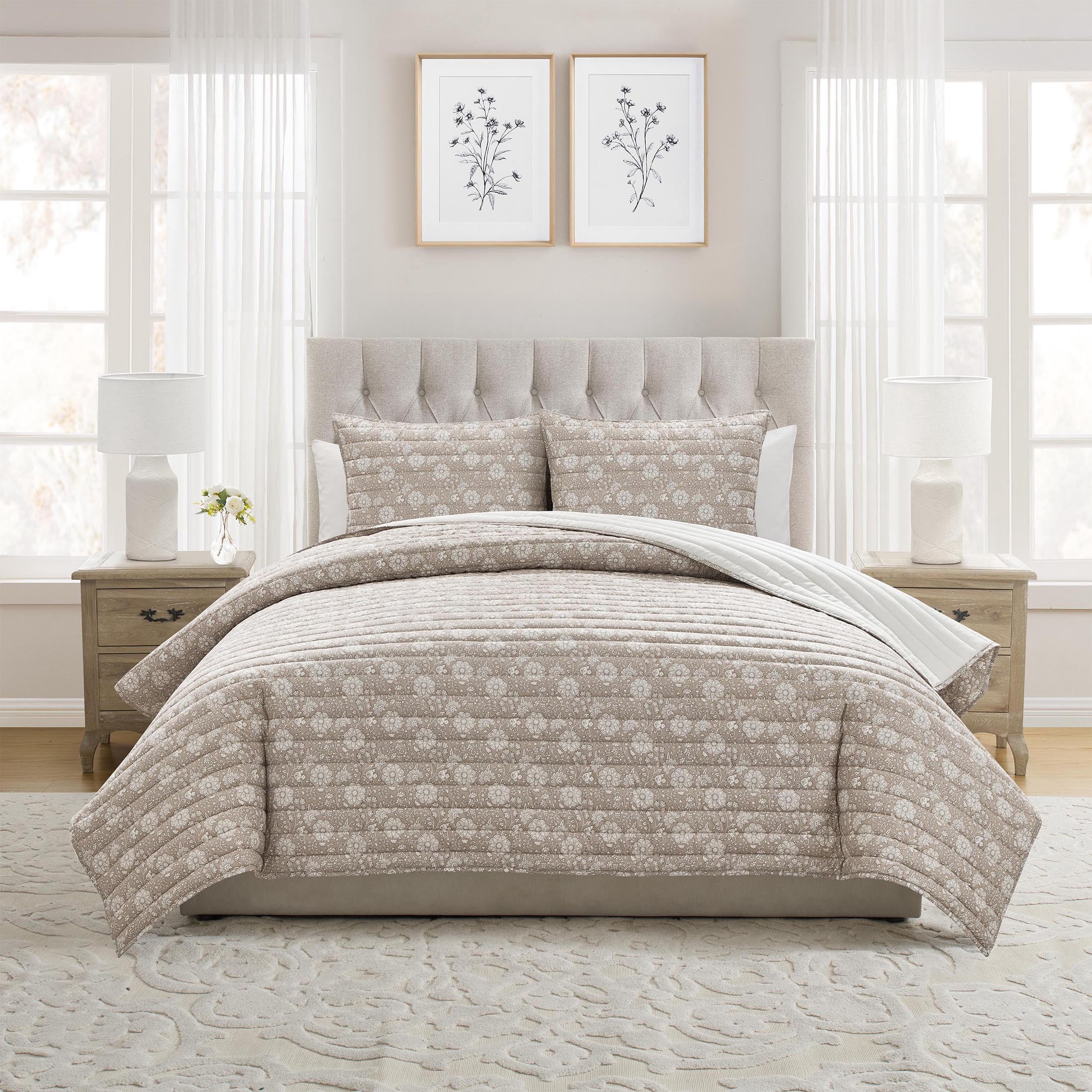 My Texas House Floral Pick Stitch 3-Piece Taupe Adult Quilt Set, King