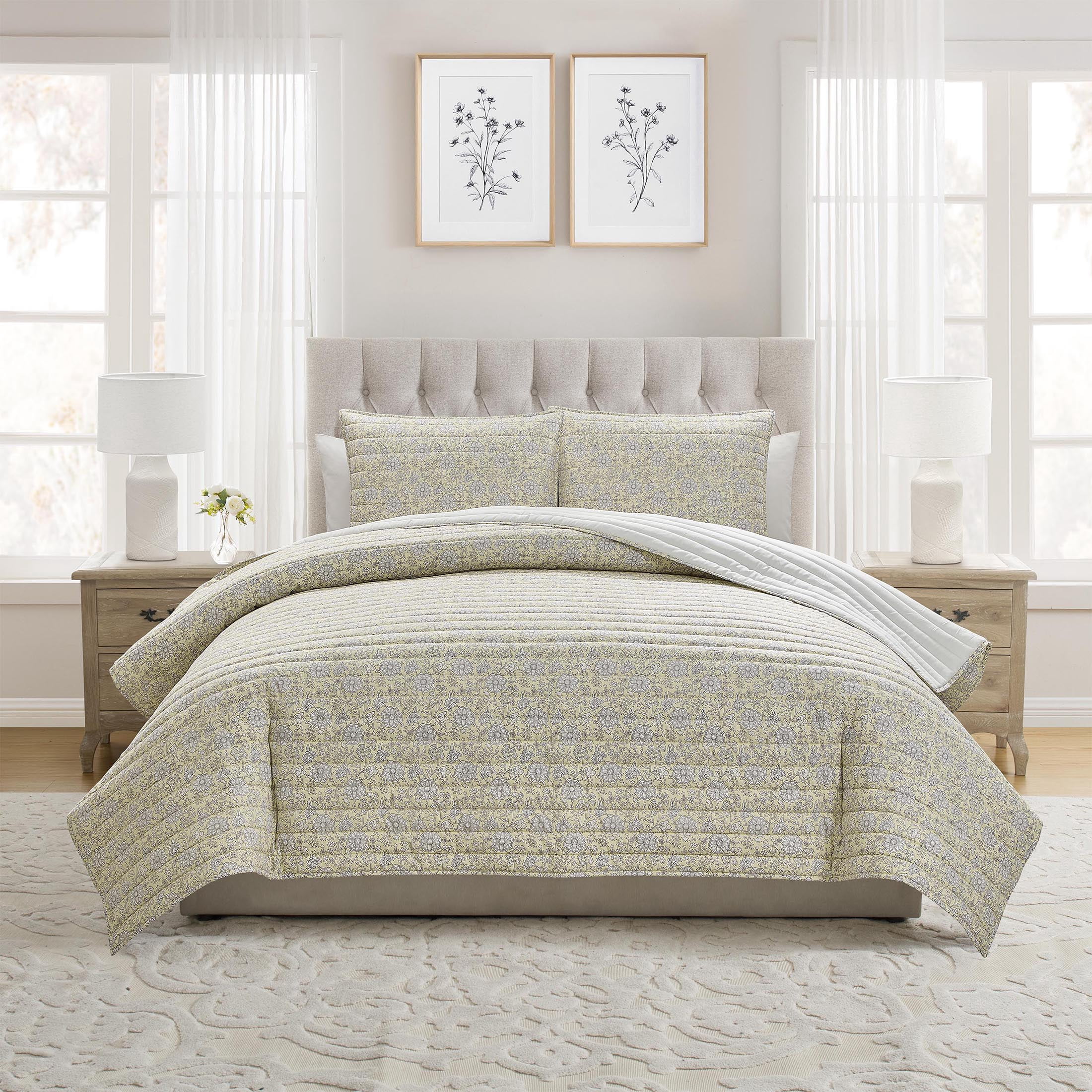 My Texas House Floral Pick Stitch 3-Piece Yellow Adult Quilt Set, Full/Queen