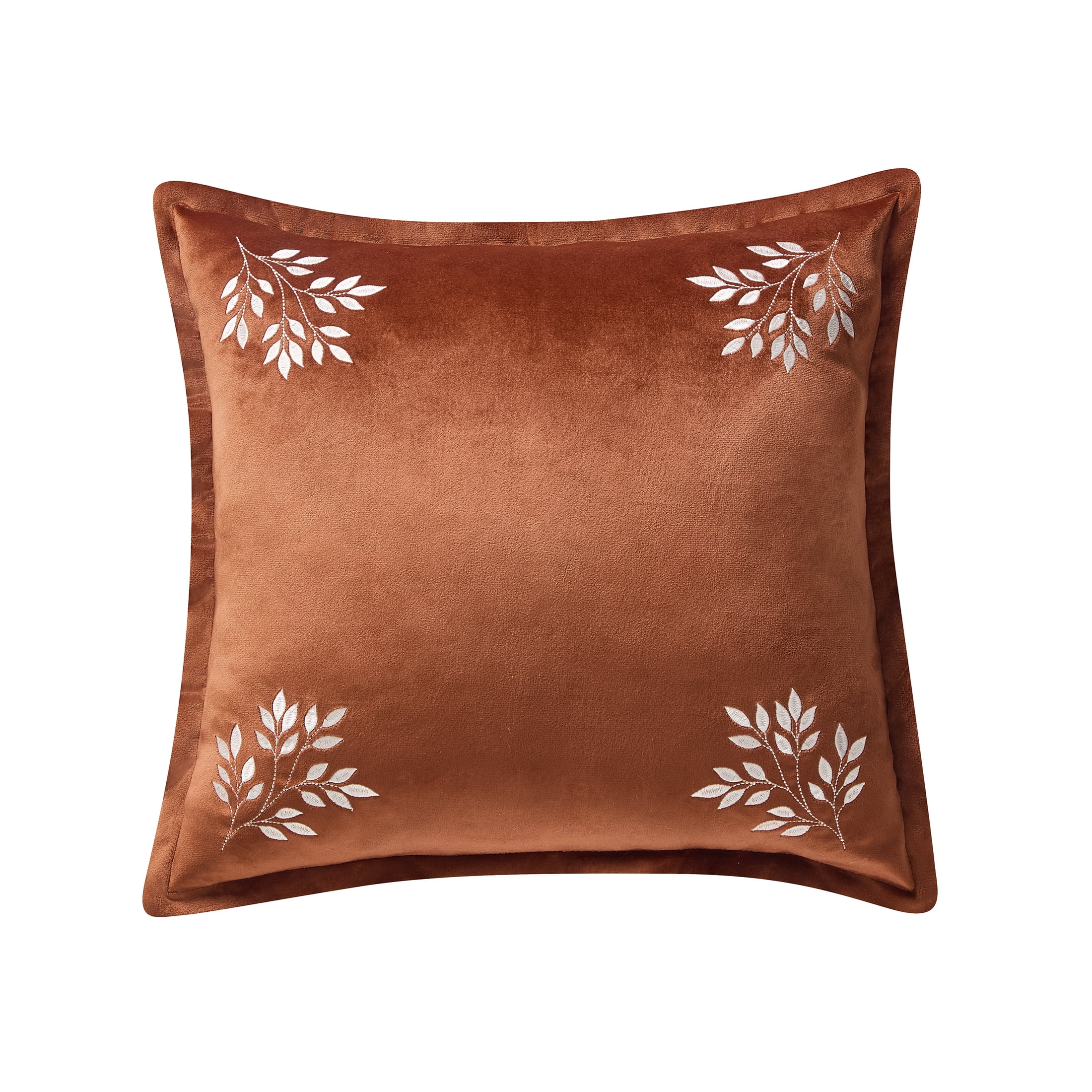 My Texas House 18 in x 18 in Ginger Embroidered Leaves Velvet Decorative Pillow