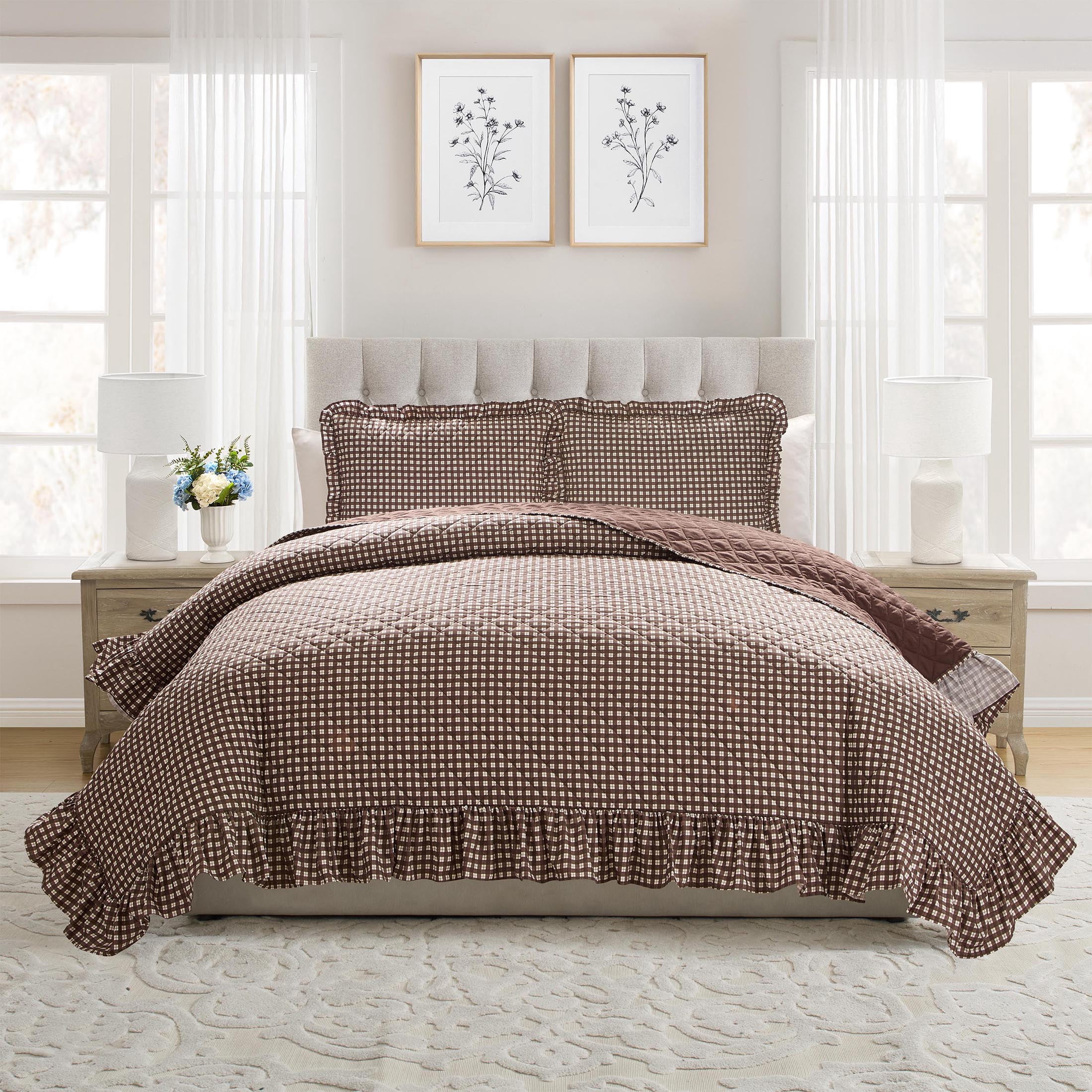 My Texas House Gingham Ruffle 3-Piece Brown Adult Quilt Set, Full/Queen