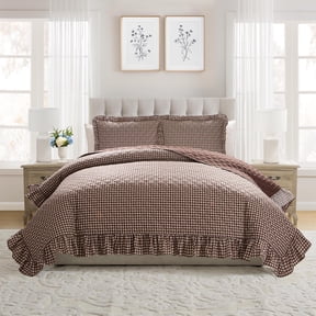 My Texas House Gingham Ruffle 3-Piece Quilt Set, Brown, Full/Queen, Adult