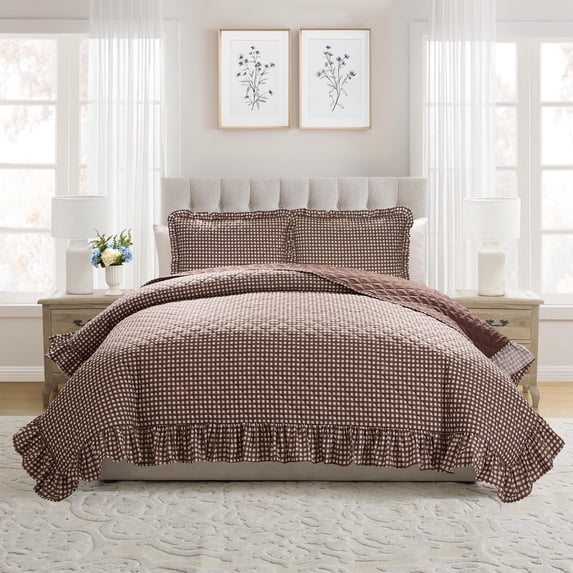 My Texas House Gingham Ruffle 3-Piece Brown Adult Quilt Set, Full/Queen