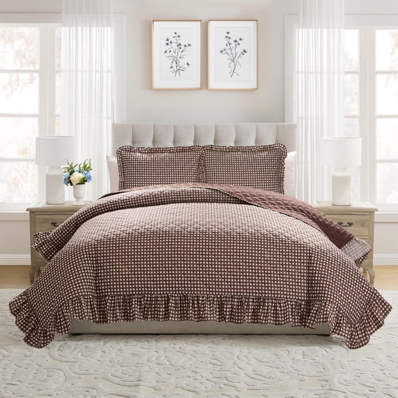 My Texas House Gingham Ruffle 3-Piece Brown Adult Quilt Set, Full/Queen