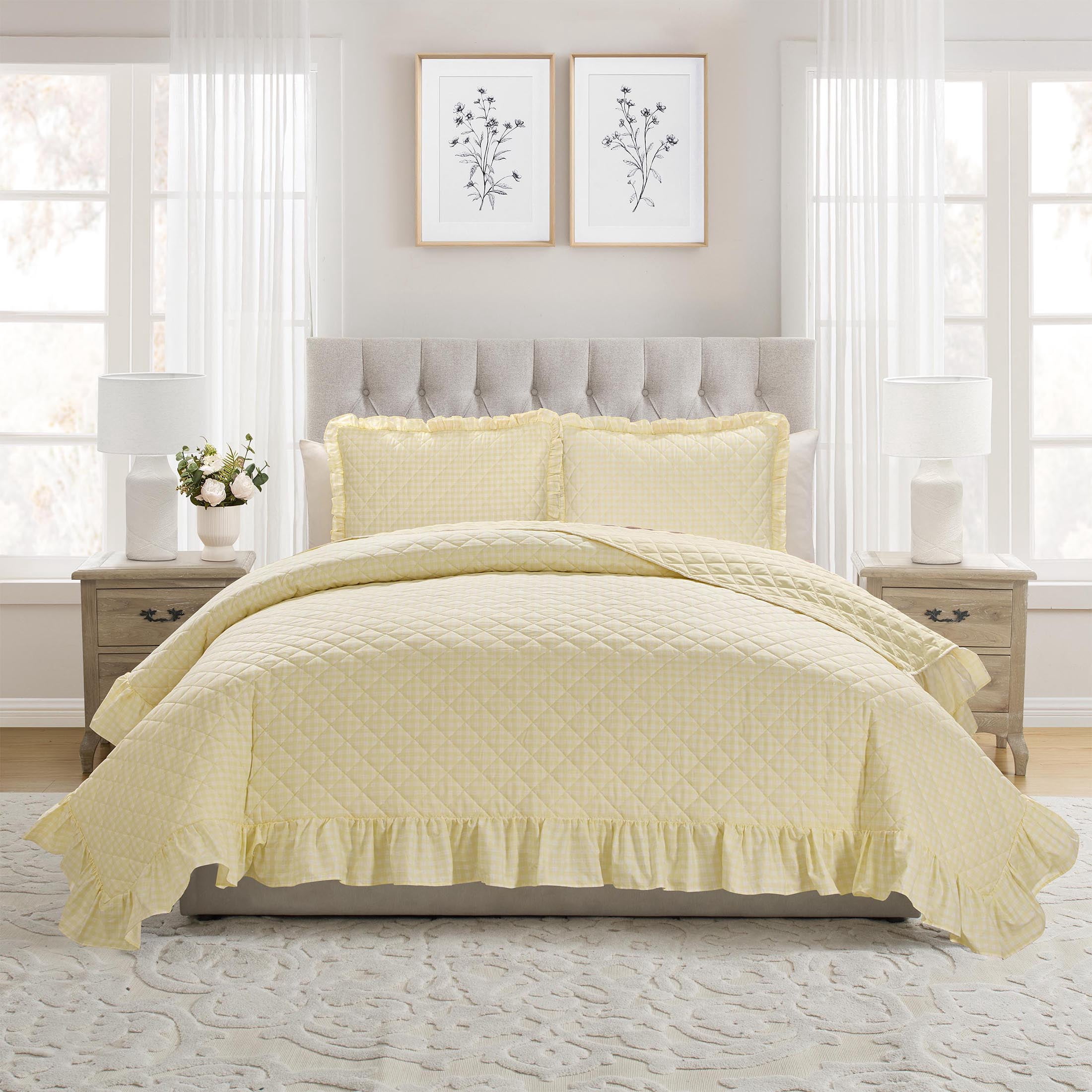 My Texas House Gingham Ruffle 3-Piece Yellow Adult Quilt Set, King