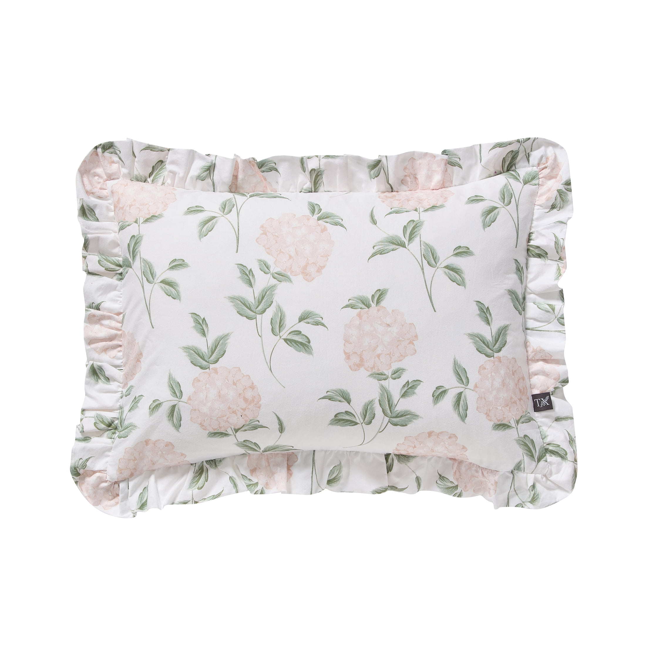 My Texas House 14" x 20" Green/Pink Hydrangea Ruffle Decorative Pillow Cover
