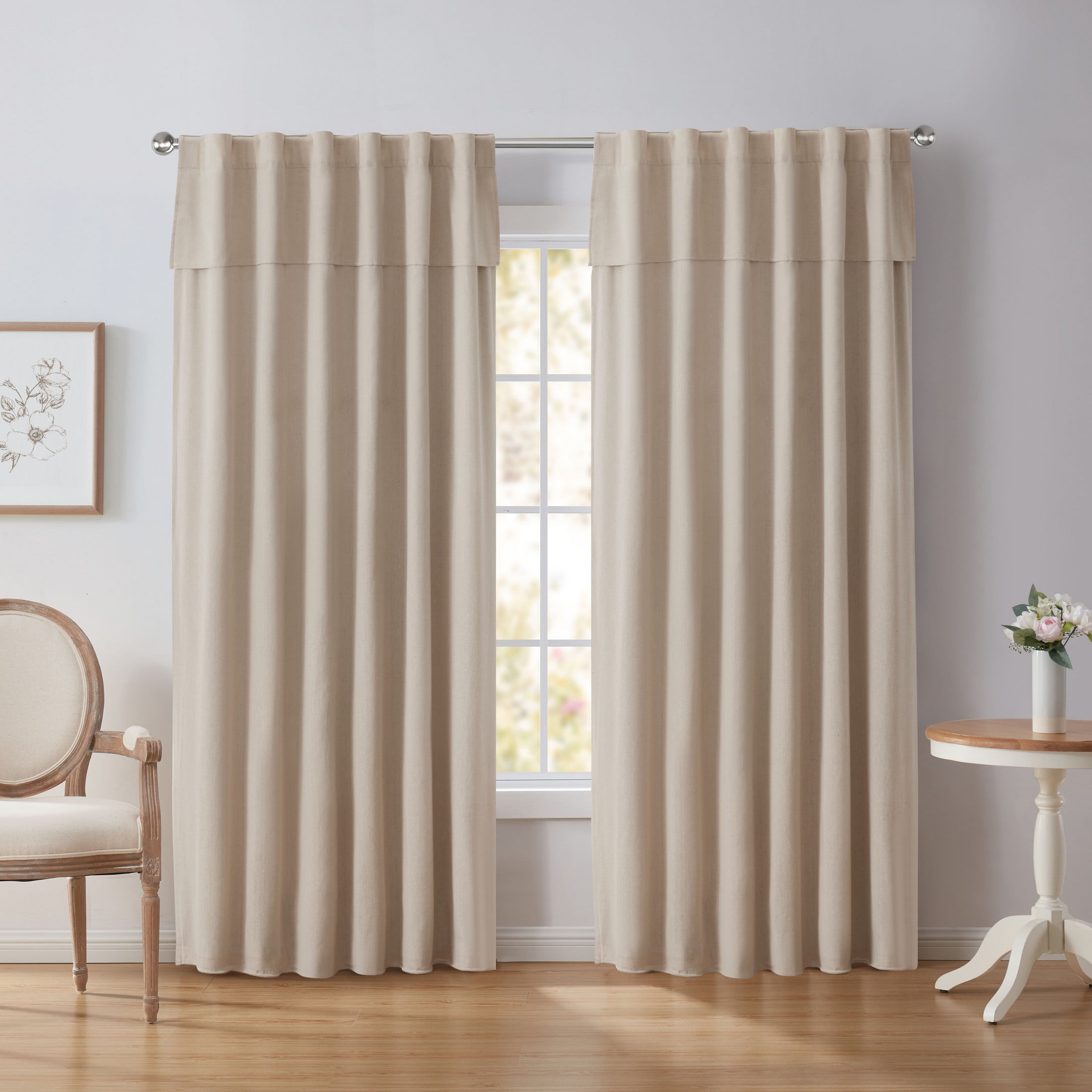 My Texas House Hayden Solid Blackout Back Tab Single Curtain Panel with Valance, Linen, 52" x 86"
