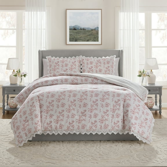 My Texas House Hum Eyelet 2-Piece Pink Floral Cotton Comforter Set, Twin/Twin XL