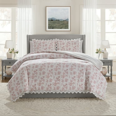 My Texas House Hum Eyelet 3-Piece Pink Floral Cotton Comforter Set, Full/Queen