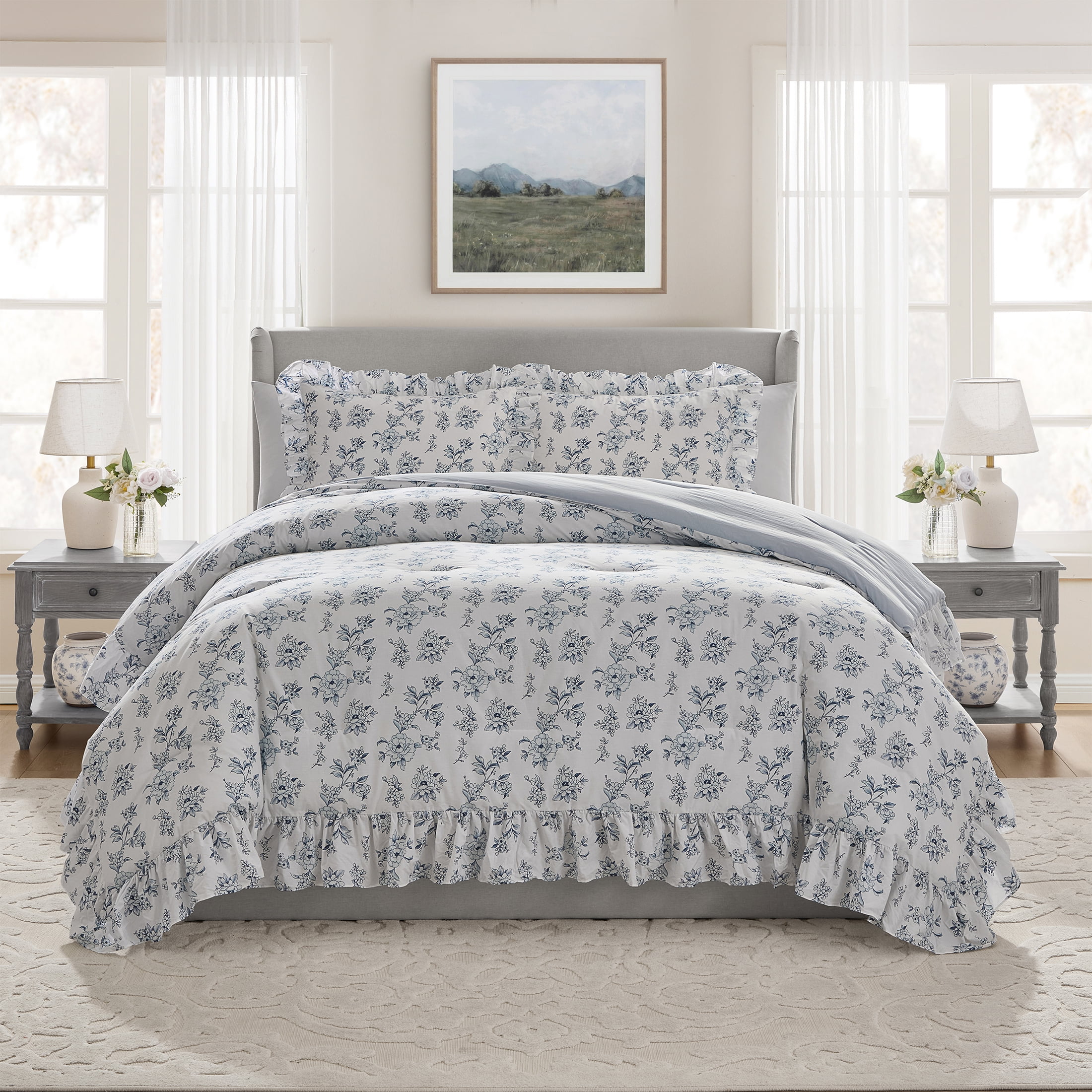 My Texas House Hum Ruffle 3-Piece Blue Floral Cotton Comforter Set ...
