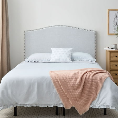 My Texas House Kennedy Nailhead Trim Curved Upholstered Headboard, Queen, Light Gray
