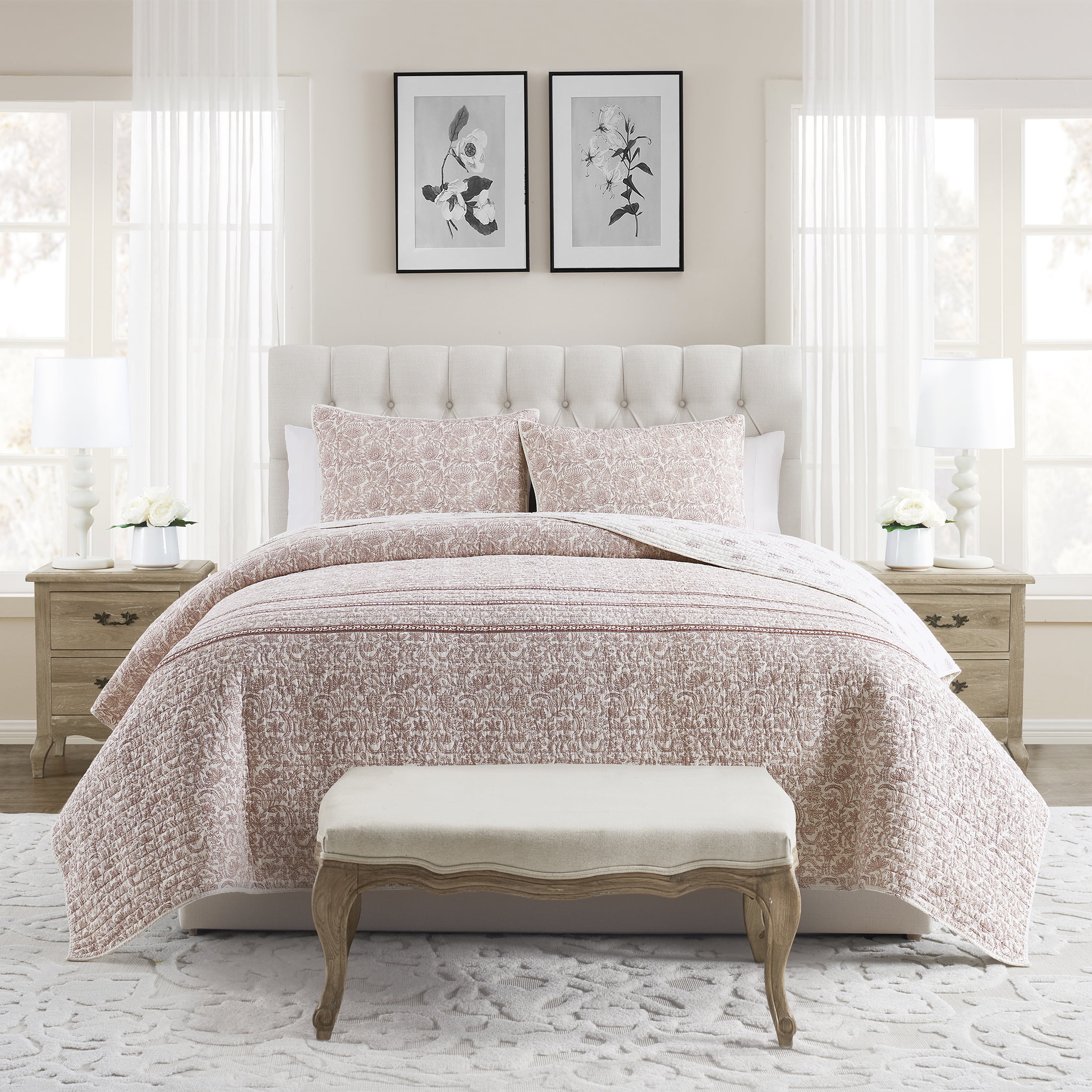 My Texas House Kourtney 3-Piece Taupe Floral Reversible Cotton Quilt Set, King - Walmart.com