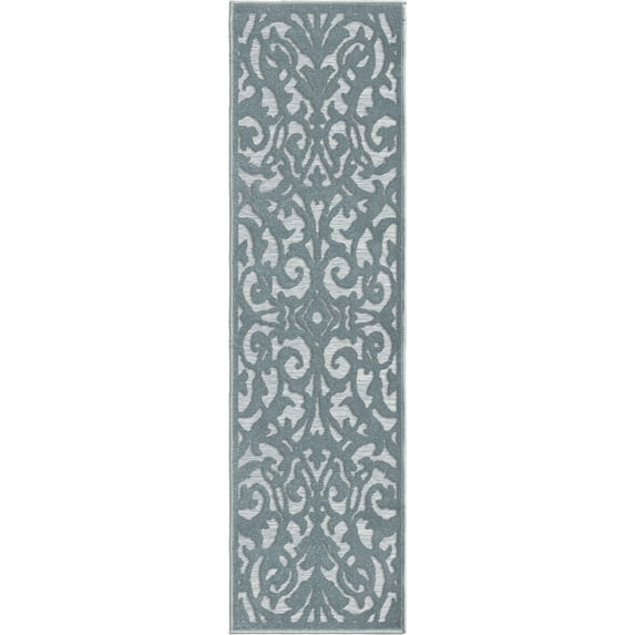 My Texas House Lady Bird 1'11" X 11' Runner Harbor Blue Damask Outdoor Rug