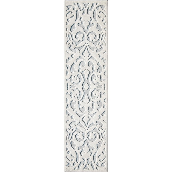 My Texas House Lady Bird 1'11" X 15' Runner Natural Blue Damask Outdoor Rug