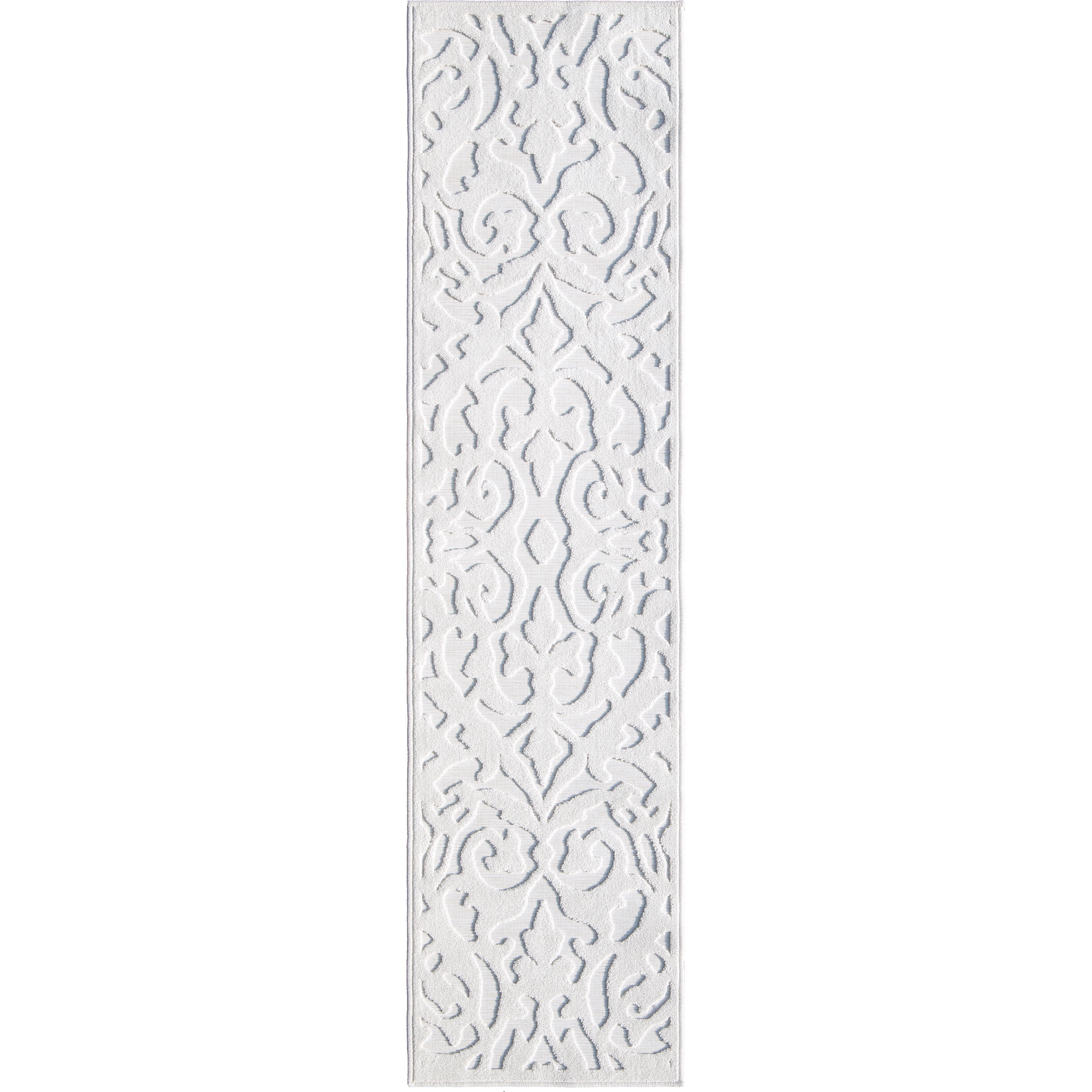 Natural Off-White High-Low Damask Indoor/Outdoor Runner Rug