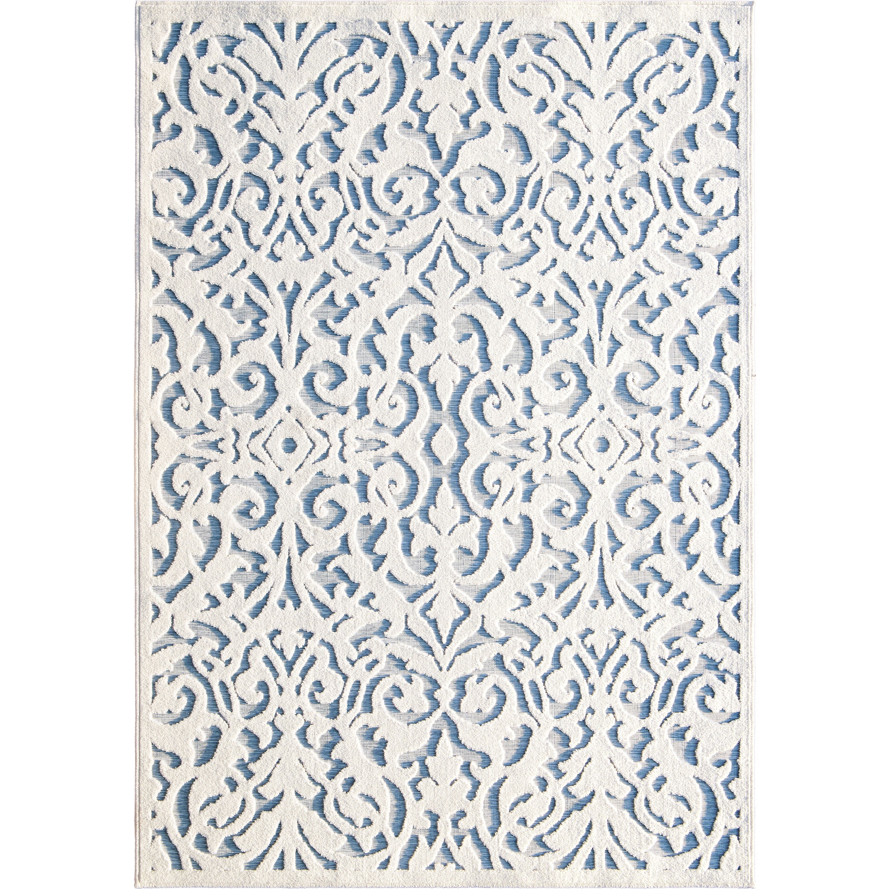 Natural Blue Damask Indoor/Outdoor Stain-Resistant Rug