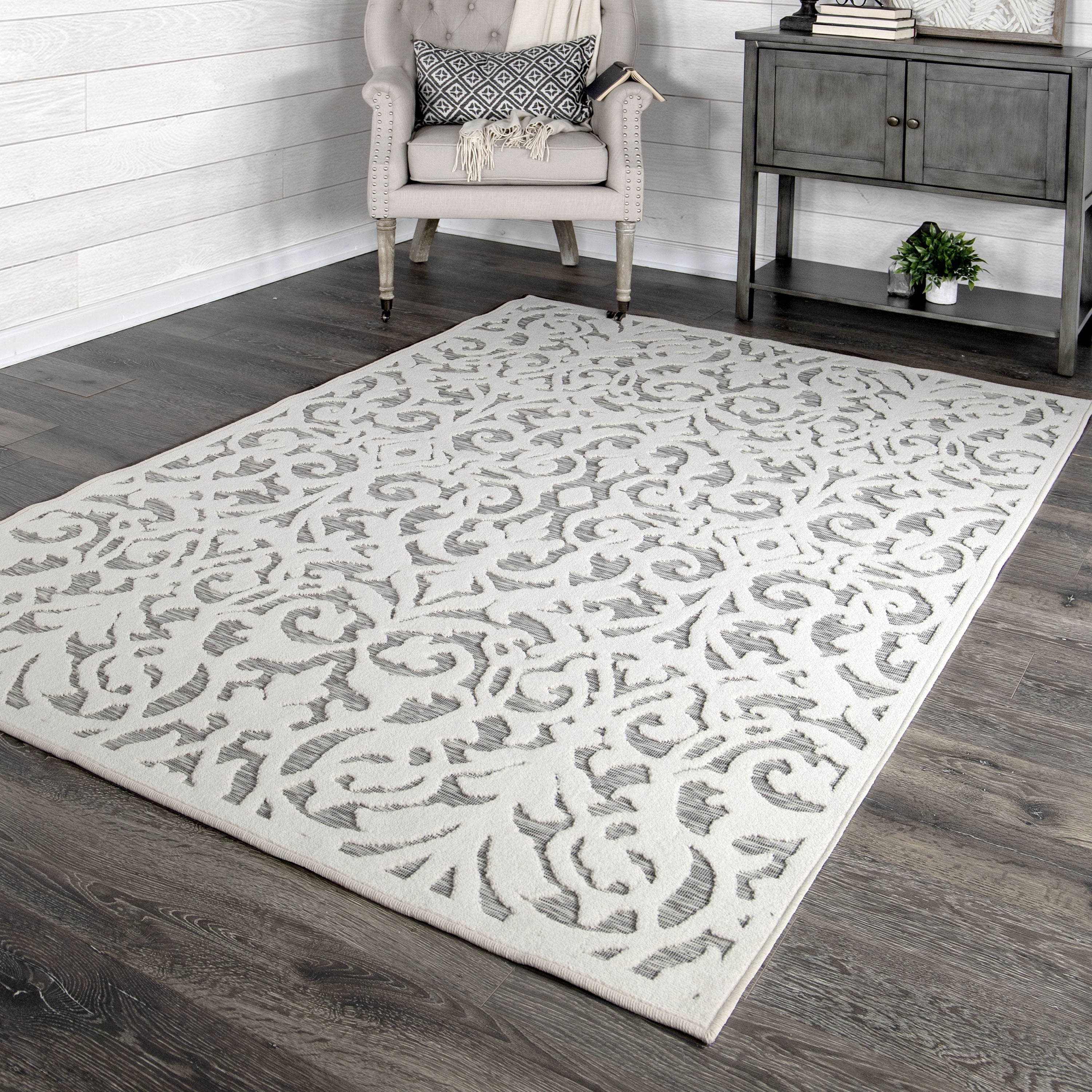 My Texas House Lady Bird 9' X 13' Gray Damask Outdoor Rug