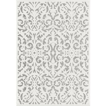 My Texas House Lady Bird, Modern Farmhouse, Damask, Indoor Outdoor Area Rug, Natural Gray, 5'3" x 7'6"