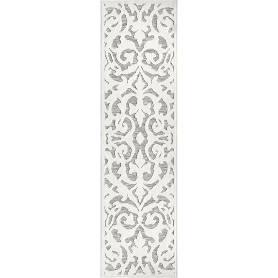 My Texas House Lady Bird, Modern Farmhouse, Damask, Indoor Outdoor Runner Rug, Natural Gray, 1'1" x 17'