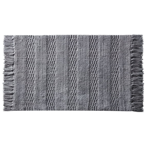 My Texas House Lancaster Stripe Fringe Cotton Bath Rug , Grey, 20" x 32"