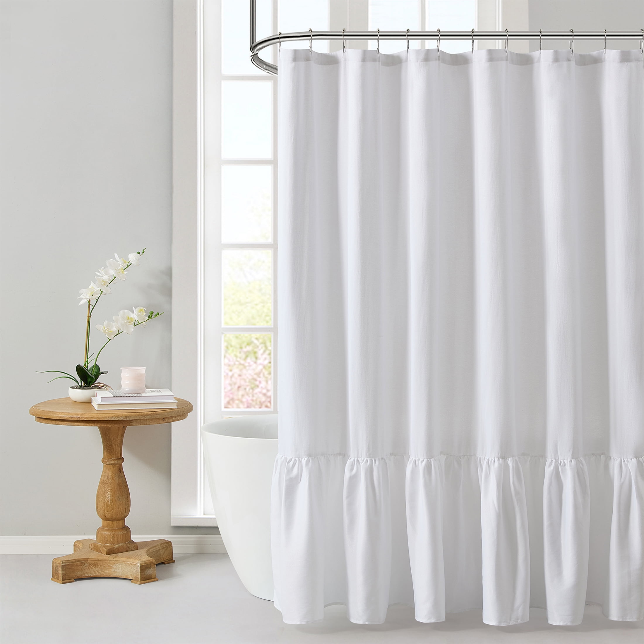 My Texas House Leighton Bright White Twill Ruffle Fabric Shower Curtain, 72" x 72"