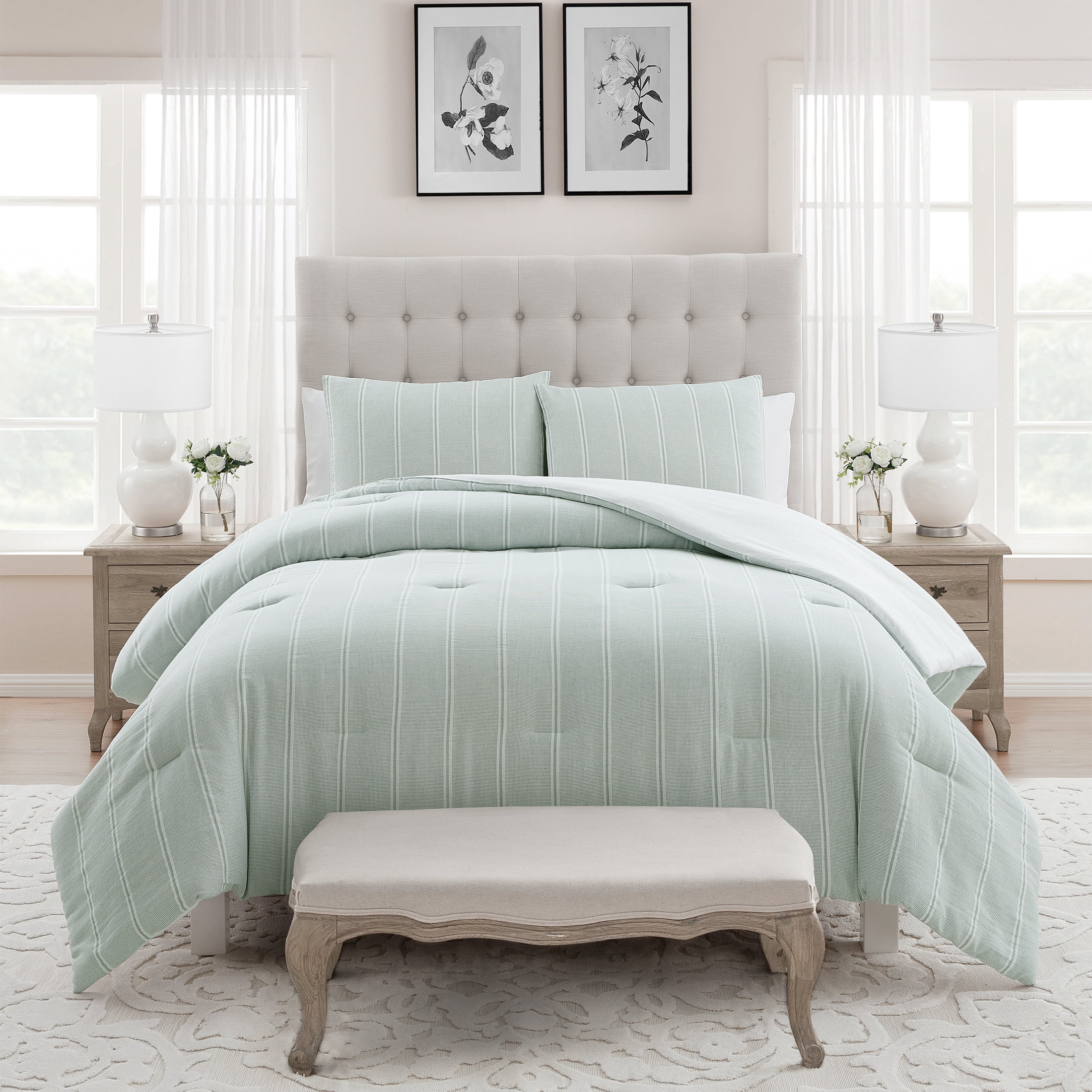 My Texas House Miray 3-Piece Green Stripe Cotton Jacquard Comforter Set, Full/Queen