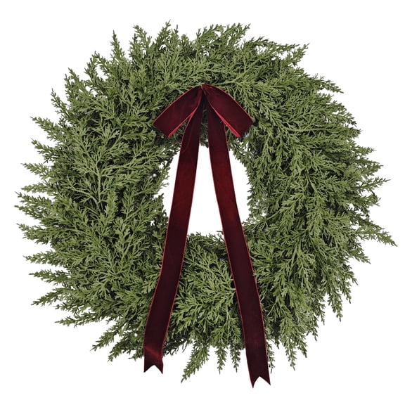 My Texas House Natural Feel Cedar Artificial Christmas Wreath with Bow, Green, 22"