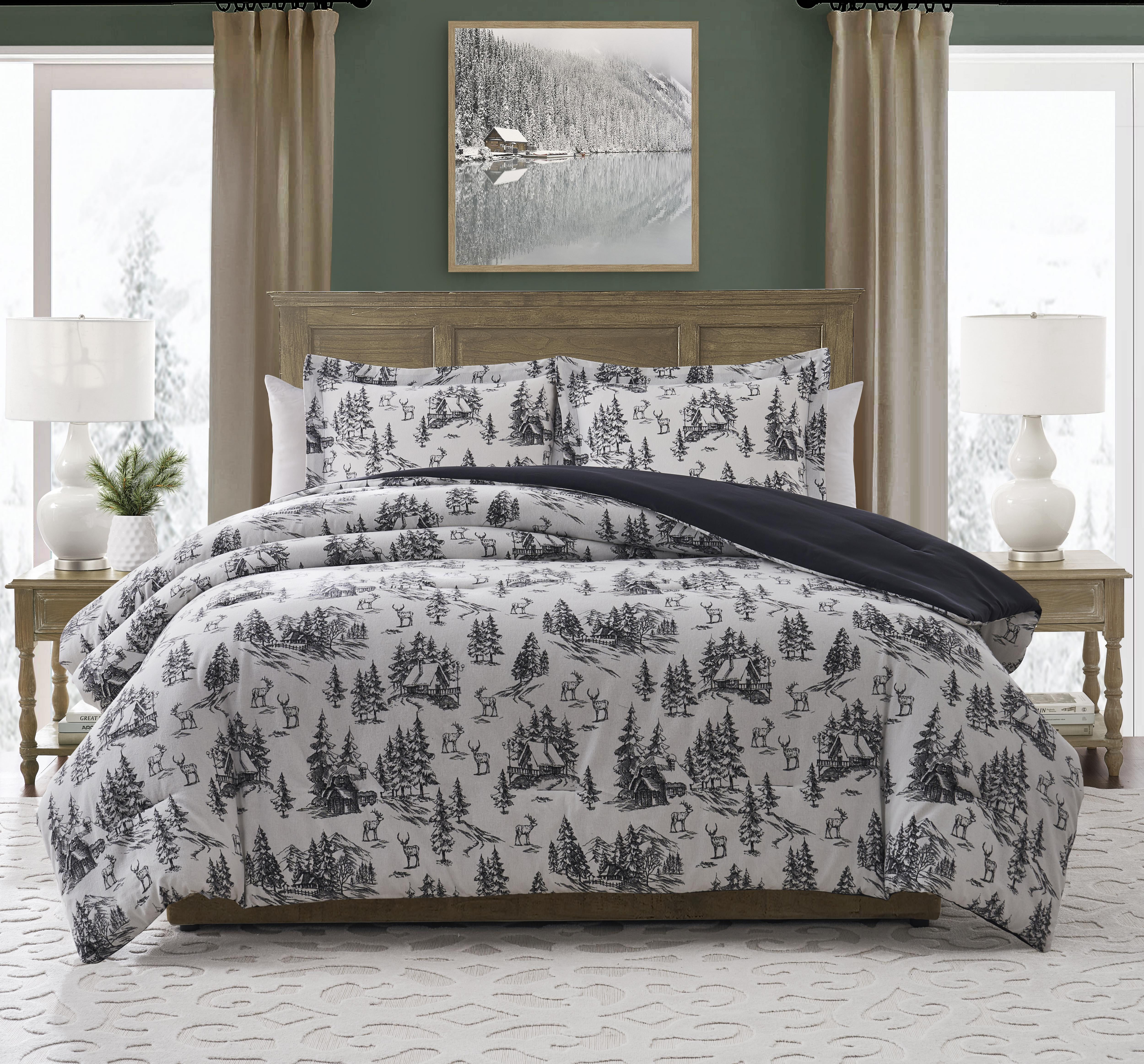 My Texas House Norwich Forest 2-Piece Ivory/Black Cotton Flannel Comforter Set, Twin/Twin XL