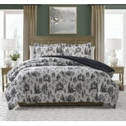 My Texas House Norwich Forest 3-Piece Ivory/Black Cotton Flannel Comforter Set, Full/Queen