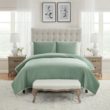 My Texas House Quinn Iceberg Green 3-Piece Pick Stitched Stripe Velvet Quilt Set, Full/Queen, Adult