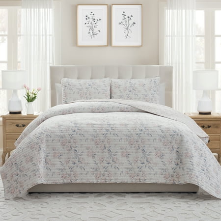 My Texas House Rebecca Adult 2-Piece White/Pink Floral Reversible Cotton Quilt Set, Twin/Twin XL