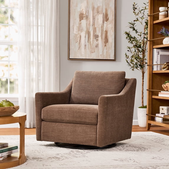 My Texas House Roan Swivel Accent Chair, Brown Fabric Upholstery