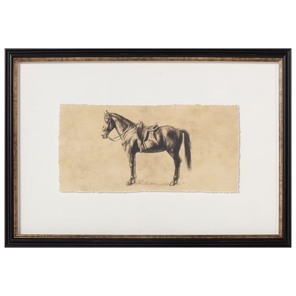My Texas House Saddled Horse in Sepia Two-Toned Framed Under Glass Wall Art 24x16