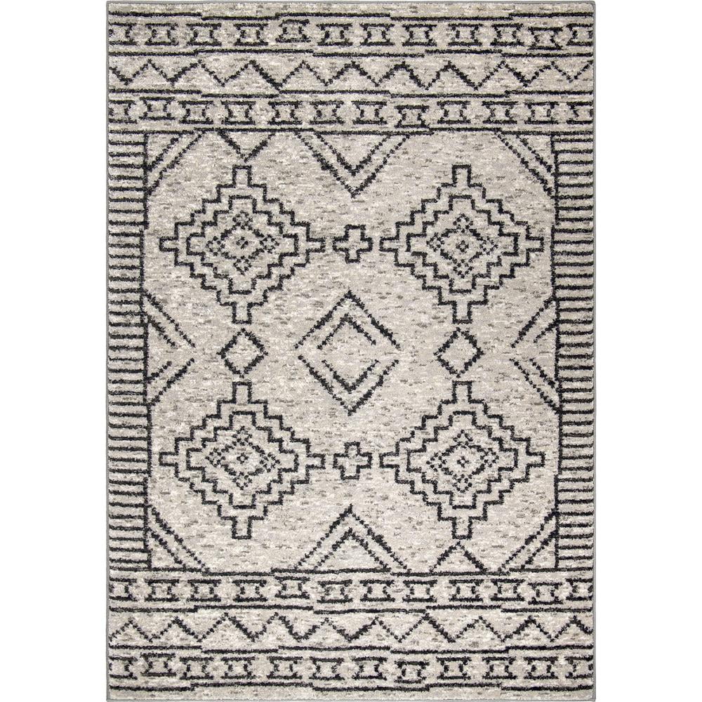 Gray and Black Rectangular Synthetic Southwestern Area Rug